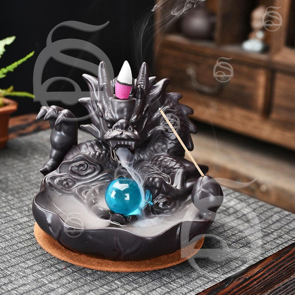 Dragon with Glass Ball Ceramic Backflow Cone - Incense Burner