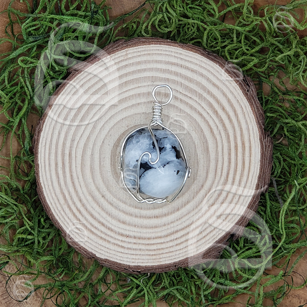 Wire Wrapped White Rainbow Moonstone Pendant