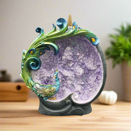 Backflow Incense Burner - Peacock on Geode