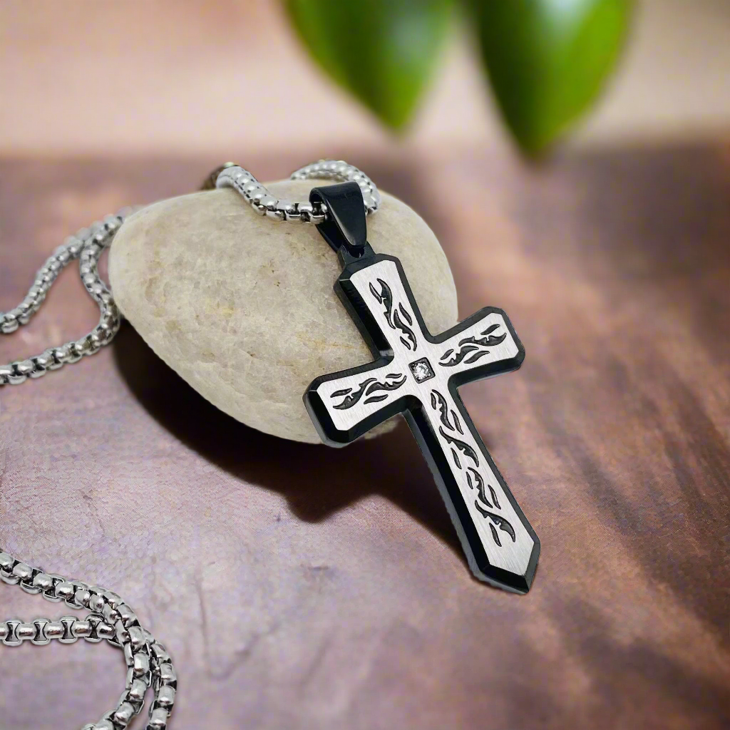 Beveled Cross Necklace: Stainless Steel Black