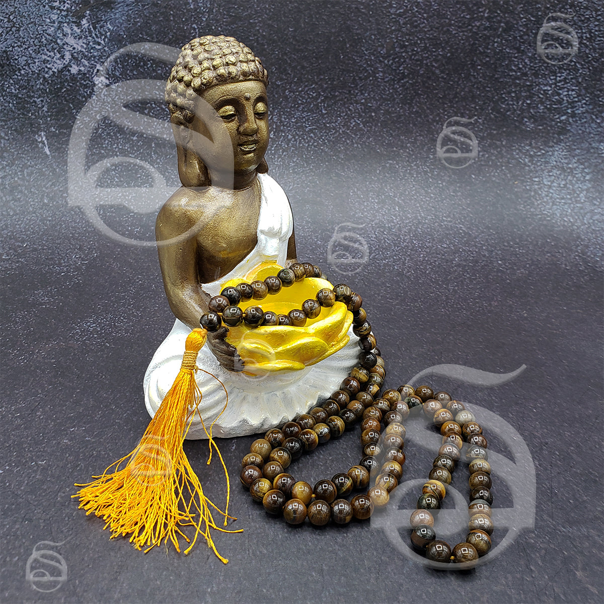 Gemstone Prayer Mala Necklace - Tigereye, Golden