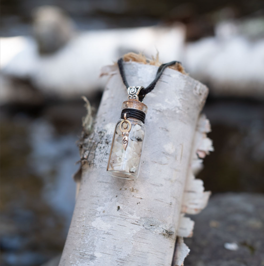 Gemstone Chip Bottle Pendant - Rainbow Moonstone with Goddess