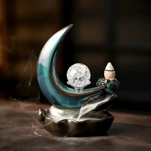 Backflow Incense Burner - Crescent Moon w/ Crystal Ball