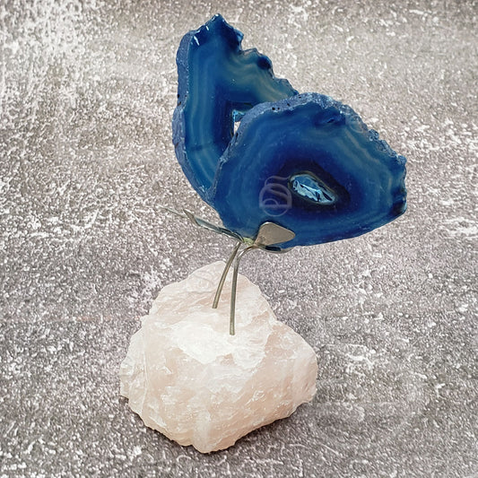 Agate Butterfly (Blue) on Rose Quartz Base - Crystal Décor