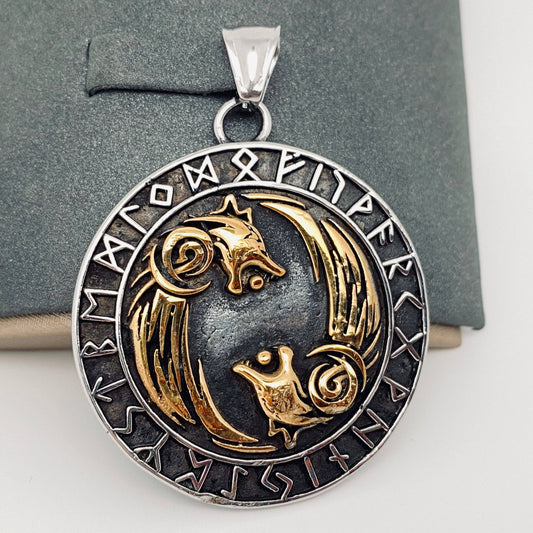 Skoll and Hati with Runes Viking Pendant 2-Toned (Stainless Steel)